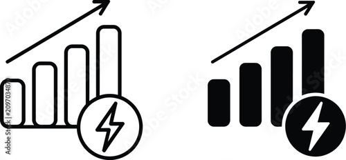 Photos Energy Increase Icon featuring upward arrow, power growth, efficiency improvement, renewable energy, and performance enhancement concepts in editable stroke vector style