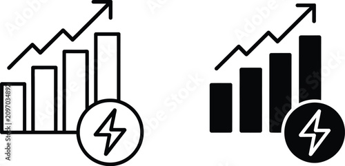Photos Energy Increase Icon featuring upward arrow, power growth, efficiency improvement, renewable energy, and performance enhancement concepts in editable stroke vector style