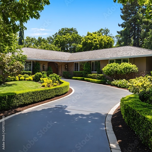 Beautiful single story residential house with a curved driveway and lush green landscaping during daytime