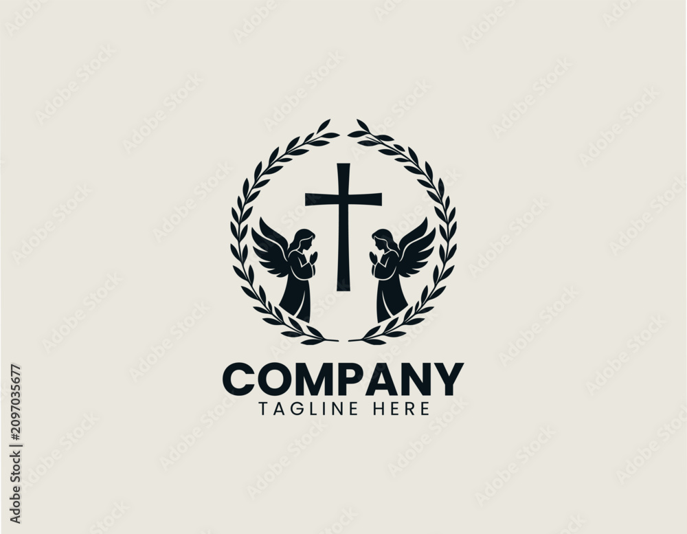 Obraz premium Christian baptism cross with praying angels wreath black vector logo illustration style