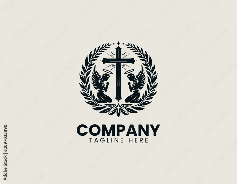 Obraz premium Christian baptism cross with praying angels wreath black vector logo illustration style