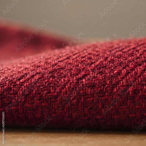Soft red knitted blanket texture close-up. Warm winter cozy fabric material for home decor and fashion design.