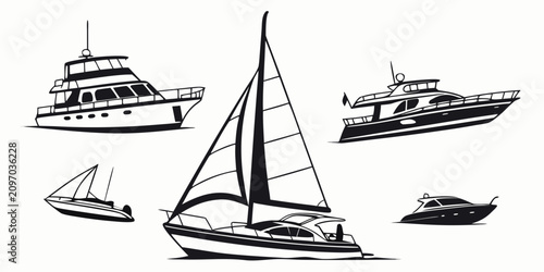 Canvastavla Set of 50 yacht and sailboat silhouettes on white background, black and white ve
