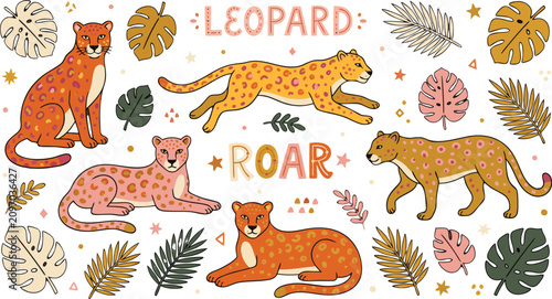 Photography Whimsical cartoon leopards with tropical leaves and text creating a playful jung