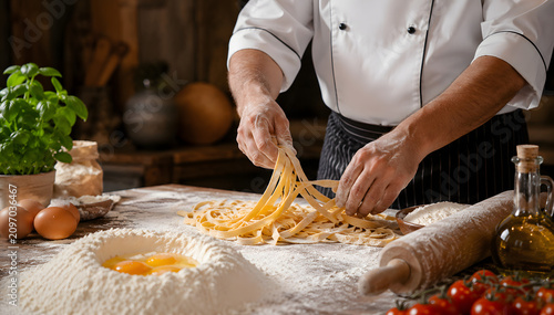 Professional chef preparing fresh handmade pasta noodles on a rustic wooden table with traditional ingredients