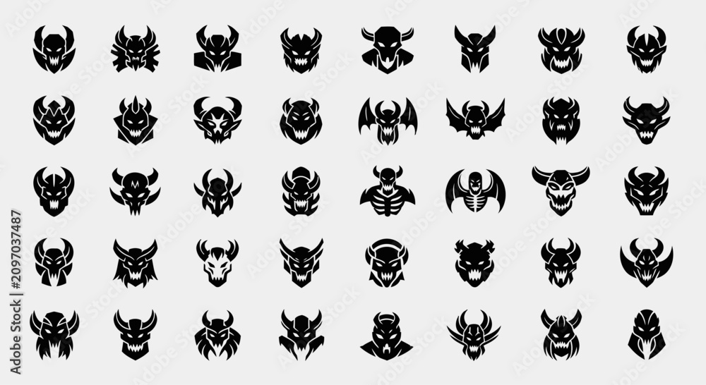 Obraz premium Collection of 36 Demon and Monster Face Icons, Dark Fantasy Symbols, Vector Art