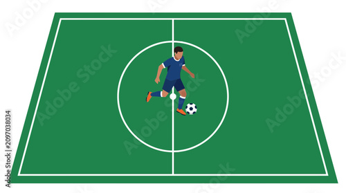 Fotografie Soccer Player Kicking Ball on Green Field with White Lines and Center Circle