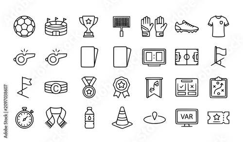 Schilderij op canvas Soccer football line icon set with stadium and championship trophy vector