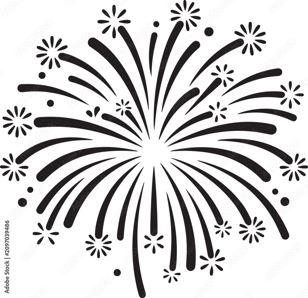 Fototapeta premium Fireworks explosion, black vector burst, celebration icon, festive graphic element