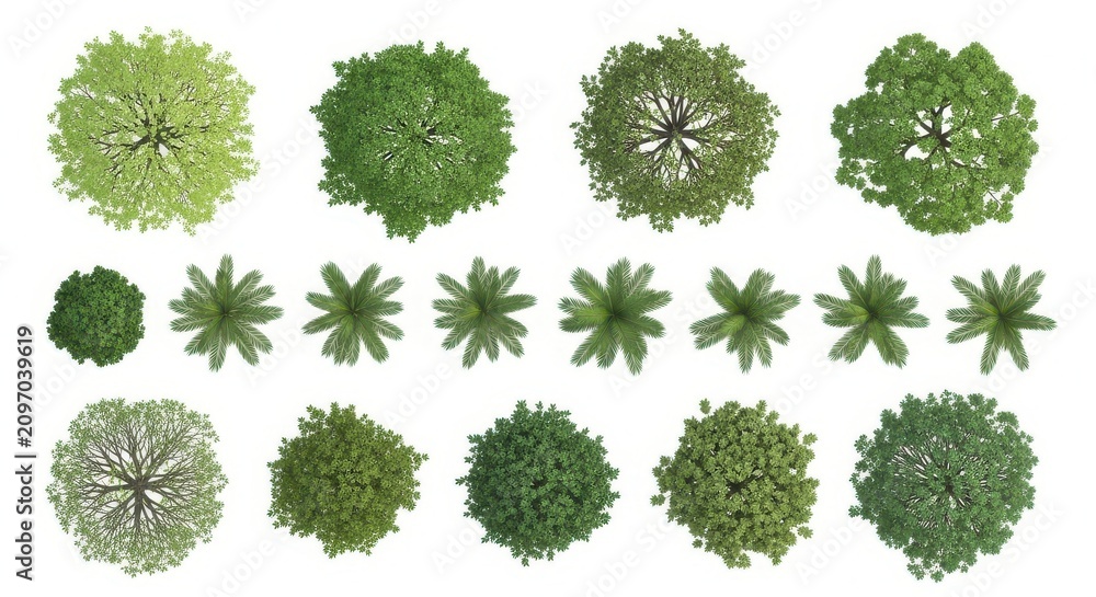 Fototapeta premium Collection of Top View Trees and Palm Trees Isolated on White Background for Architectural Visualization and Landscape Design
