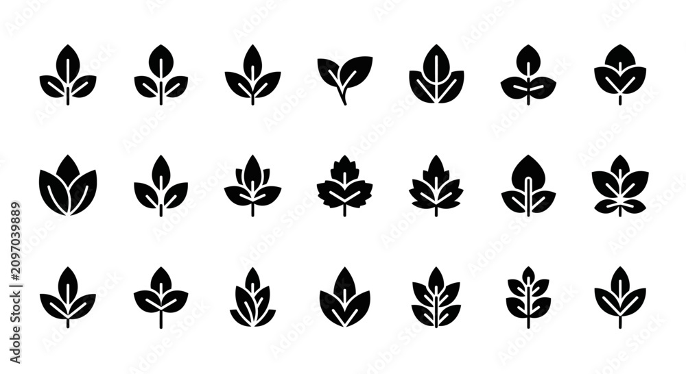 Fototapeta premium Collection of Stylized Leaf Icons and Symbols, Black Silhouette on White Background