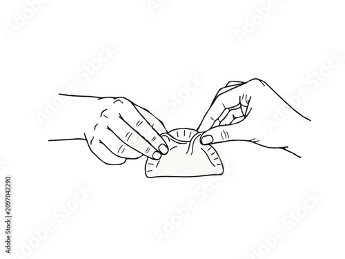 Hand-drawn illustration of human hands folding a fresh homemade dumpling on a white background
