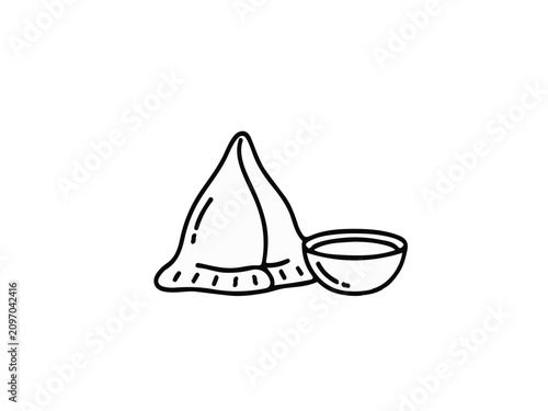 Minimalist Hand Drawn Vector Illustration of Indian Samosa and Sauce Bowl Isolated on White Background
