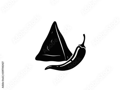 Minimalist Black Silhouette Illustration of Traditional Indian Samosa Pastry with Hot Chili Pepper