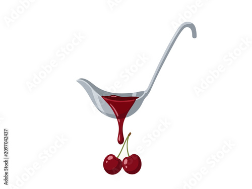 Red cherry syrup dripping from a metal ladle onto two fresh cherries isolated on white background
