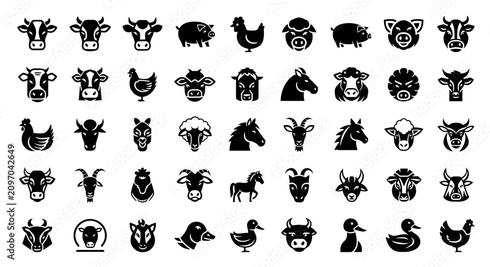 Fototapeta premium Farm Animal Icons Set: Cow, Pig, Chicken, Horse, Sheep, Goat, Duck