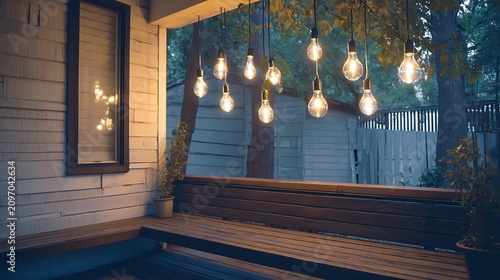 Decorative glowing vintage light bulbs hanging over a wooden porch bench during a calm evening twilight