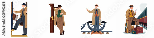 Tableau sur toile Vintage-style illustrations of a gentleman traveling by train, wearing a trench coat and fedora, with suitcases and tickets