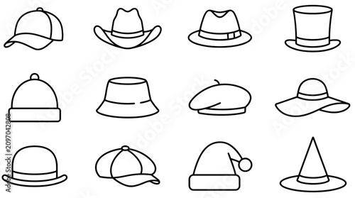 Clean Minimalist White & Black Line Art Hat Icons Set Vector Illustration | 12 Different Headwear on a Transparent Background