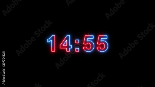 Glowing neon modern countdown timer from 15 minute to 14 minute on black background suitable for presentations, productivity, educational content, and more