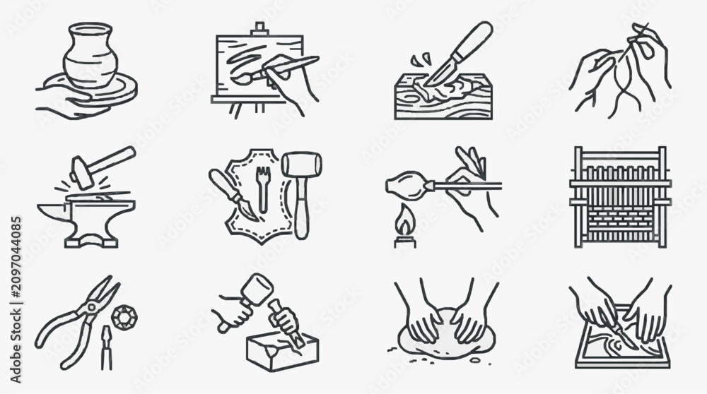 Obraz premium Dynamic Black and White Line Set of 12 Handicraft and Artisan Tools and Activities with high quality professional line art symbols for modern creative design and digital branding projects