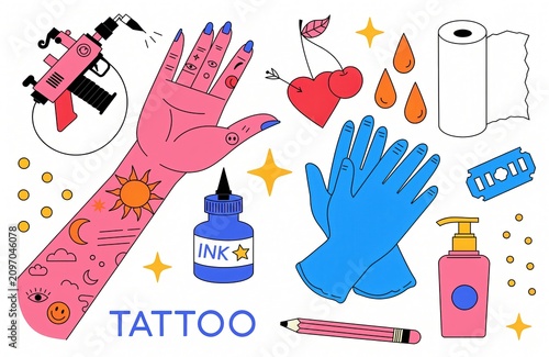 Tattoo Studio Equipment and Art Illustration Set with Ink Machine Gloves and Tattooed Arm Vector Graphics