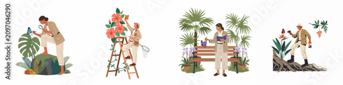 Tableau sur toile Flat illustration set of entomologists and naturalists observing, photographing, and catching butterflies in a tropical jungle or botanical garden environment