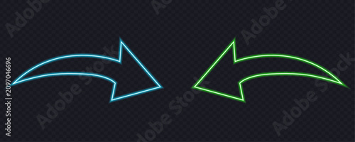Fotografie Blue and green curved neon arrows glow on dark grid, representing movement, progress, or feedback loops