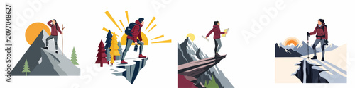 Fotografie Collection of flat vector illustrations featuring hikers and mountaineers exploring mountain landscapes, standing on peaks, and enjoying scenic views