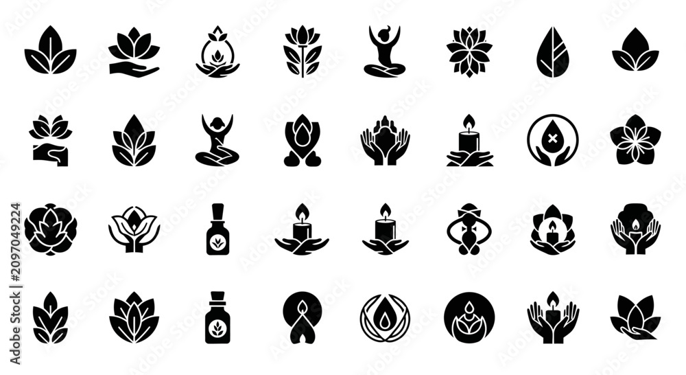 Fototapeta premium Wellness Icons: Lotus, Yoga, Candle, Hands, Droplet, Flower, Oil Bottle
