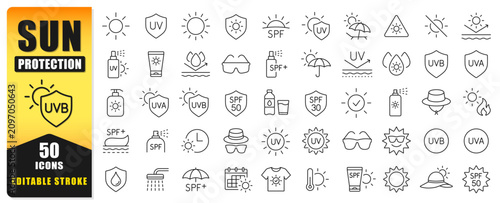 Cuadro en lienzo Sun Protection Line Icon Set Featuring 50 Editable Stroke Vector Icons For UV Safety, SPF, Sunscreen, UVA, UVB, Sun Care, Outdoor Protection, And Summer Essentials