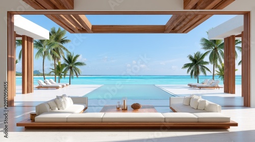 Upscale resort terrace with wooden pergola and beach view