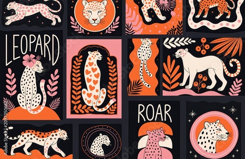 Collection of Stylized Leopard Illustration Cards with Tropical Leaves and Boho Elements in Pink and Orange