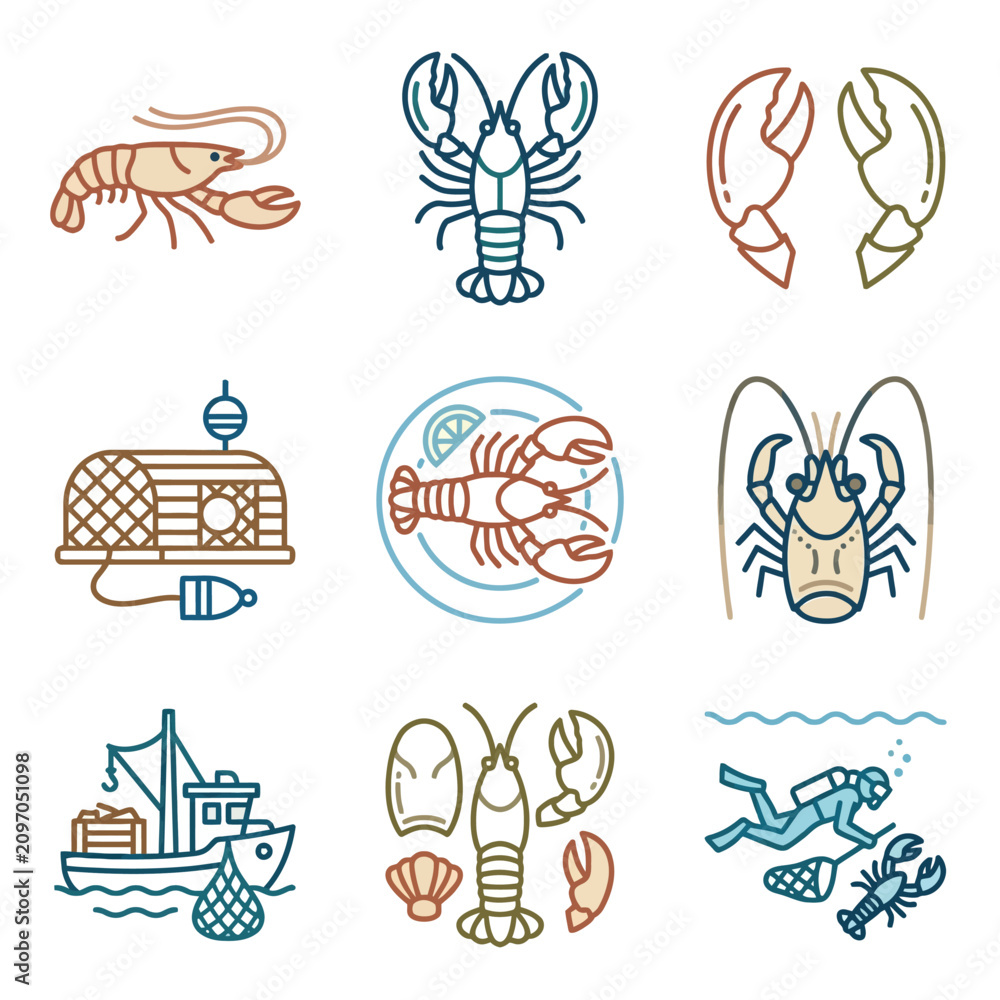Fototapeta premium Lobster fishing and seafood restaurant icon set