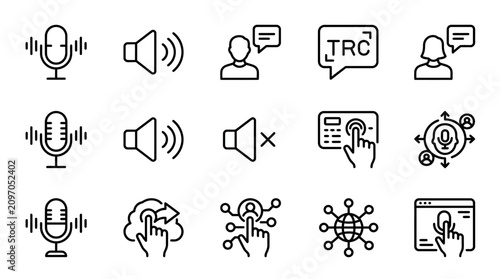 Sleek Black and White Icons Set Featuring Microphones Speakers Speech Bubbles Communication Networking and Technology Symbols