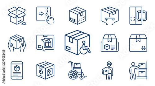 Elegant Monochromatic Line Icons Set Featuring Delivery Packaging and Logistics Concepts in Blue Tinted Minimalist Style