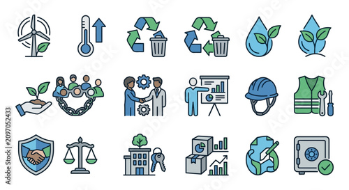 Creative Colorful Icons Set Featuring Sustainability Business Construction and Corporate Concepts with Green and Blue Themes
