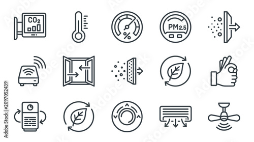 Clean Indoor Air Quality and Ventilation System Icons Black and White Line Art Set with high quality professional line art symbols for modern creative design and digital branding projects