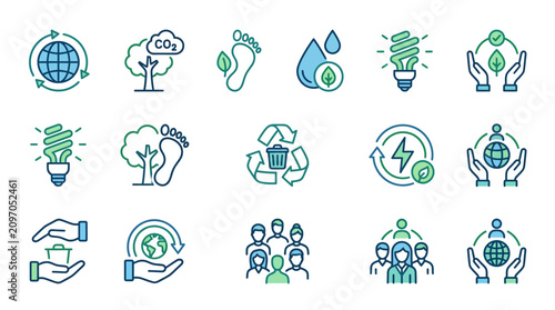 Corporate Sustainability and Eco Friendly Business Concepts Illustrated with Minimalist Icons in Green and Blue