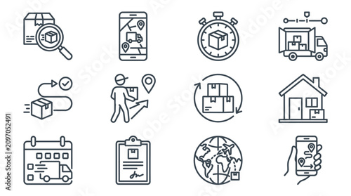 Elegant Monochrome Icons Set Featuring Delivery Logistics and Global Shipping Concepts in Minimalist Black and White Line Art