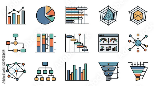 Clean Icons of Data Visualization Analytics and Machine Learning Concepts in Pastel Colors with high quality professional line art symbols for modern creative design and digital branding projects