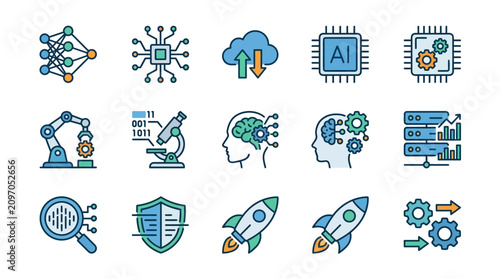 Minimalist Colorful Icons Set Featuring Technology AI Innovation and Futuristic Concepts in Flat Design Style