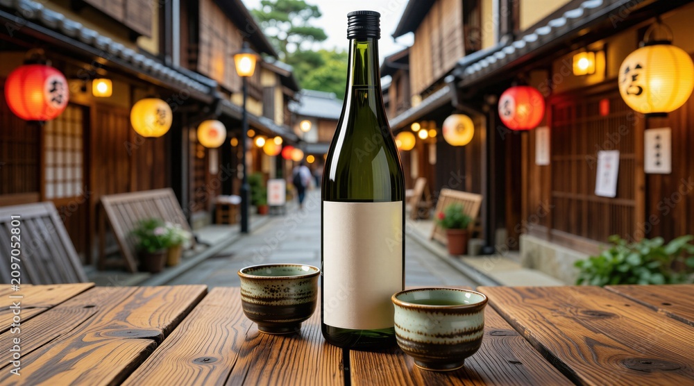 Obraz premium Japanese sake bottle stands on wooden table with two ceramic cups. Traditional street features glowing paper lanterns in background. Evening scene displays oriental atmosphere at local pub