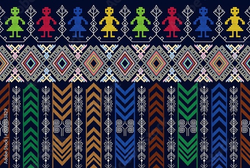 Woven Tapestry of Tradition: A rich and intricate woven textile featuring geometric patterns and stylized figures in a vibrant array of colors, showcasing detailed craftsmanship and cultural heritage.