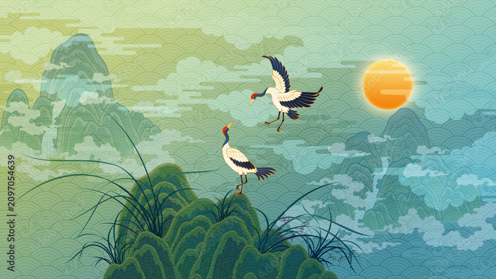 Obraz premium Oriental-style illustration, traditional Korean folk painting. Background featuring a crane. Red-crowned crane