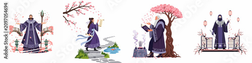 Cuadro en lienzo Set of fantasy illustrations featuring mystical wizards, mages, and scholars in purple robes among cherry blossoms and traditional East Asian elements