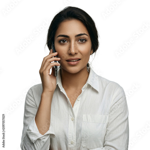 Woman phone communication middle eastern lady talking on smartphone isolated on a transparent background for professional business and lifestyle marketing concepts