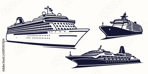 Foto Set of five black and white cruise ships with detailed decks and funnels ocean l