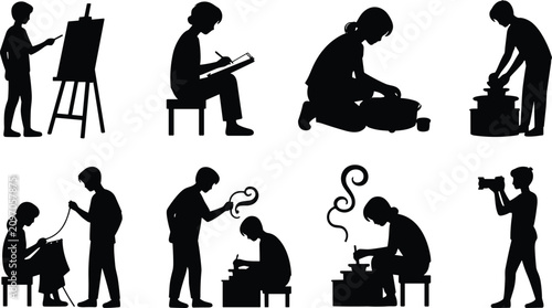 Tableau sur toile Silhouettes of people engaged in creative hobbies crafts arts and pottery making