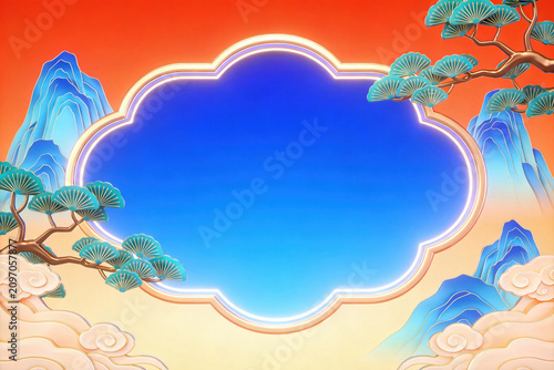 Chinese Red Lantern Golden Window Frame Gradient Background